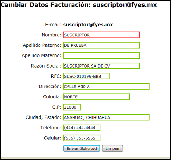 Formulario Cambiar Datos Facturaci�n